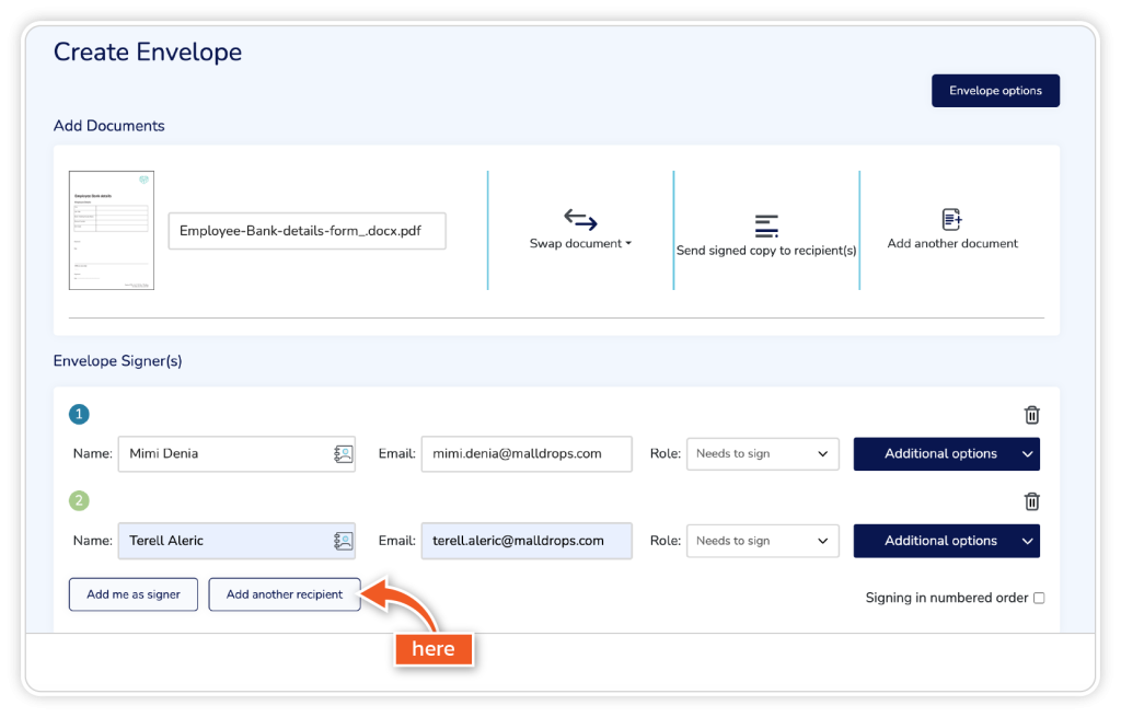 Create envelope with data tags for multiple signers step 4